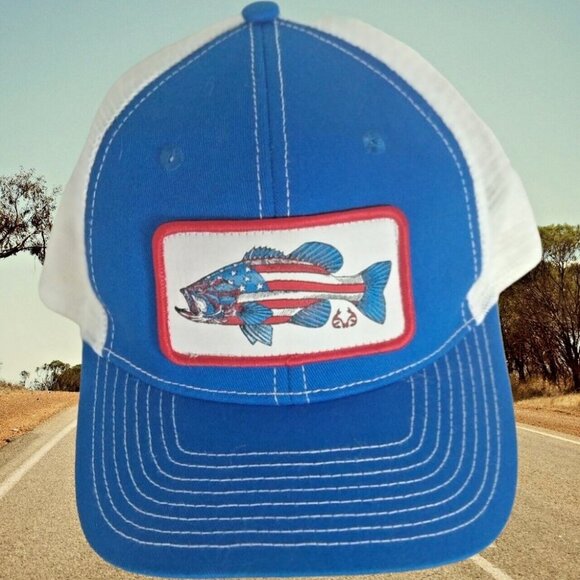 RealTree Bass Truckers Cap Snapback Meshback Blue Baseball Hunting Sports Hat - Picture 12 of 16